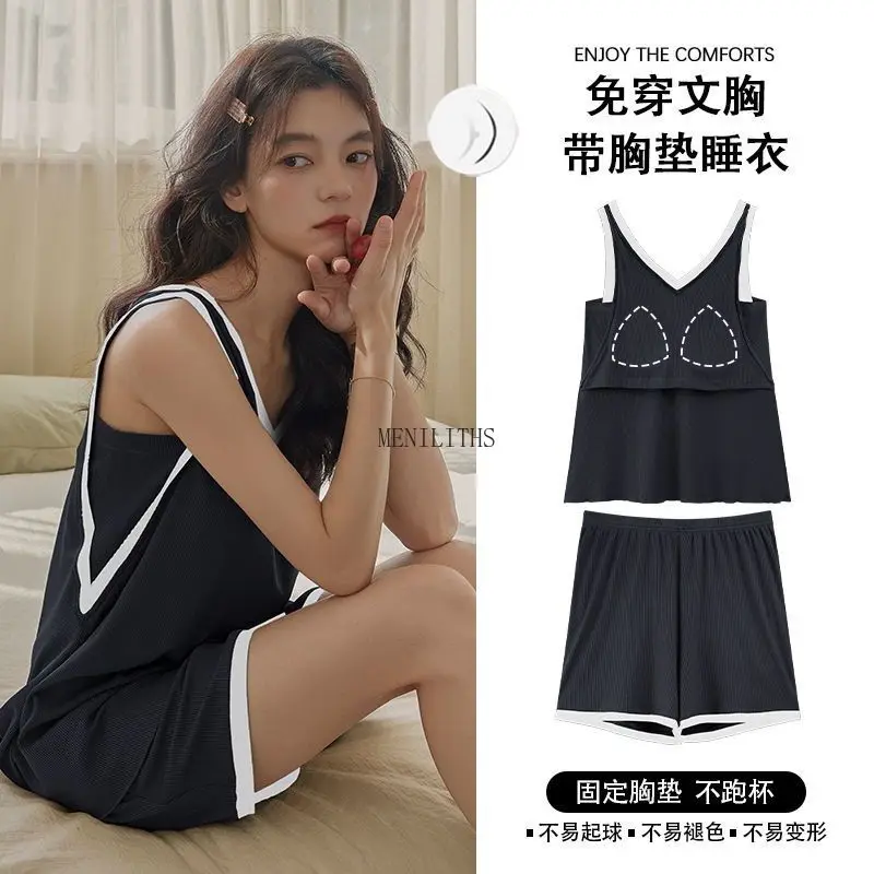 Modal Ice Silk Sleeveless Vest Pajamas Summer Summer Women Sleepwear with Chest Pads Sling Anti-light Loungewear Shorts Set