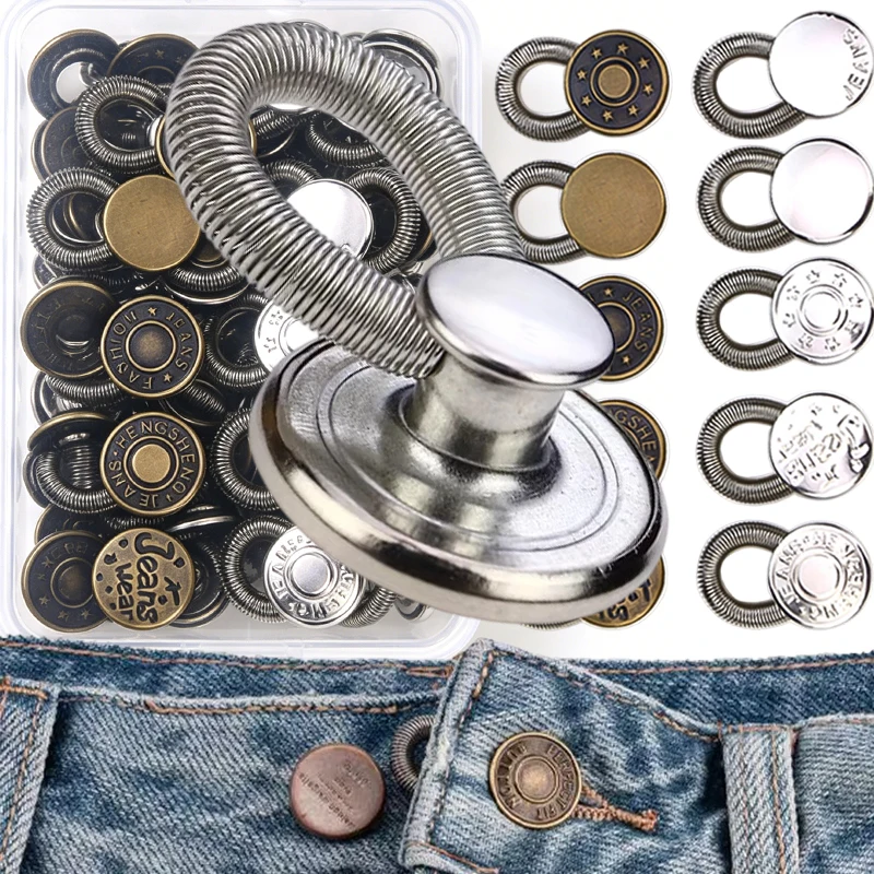 Jeans Waist Extender Adjustable Spring Button Comfortable Elastic Buckle Free Sewing Waistband Expander for Jeans Pants Skirts