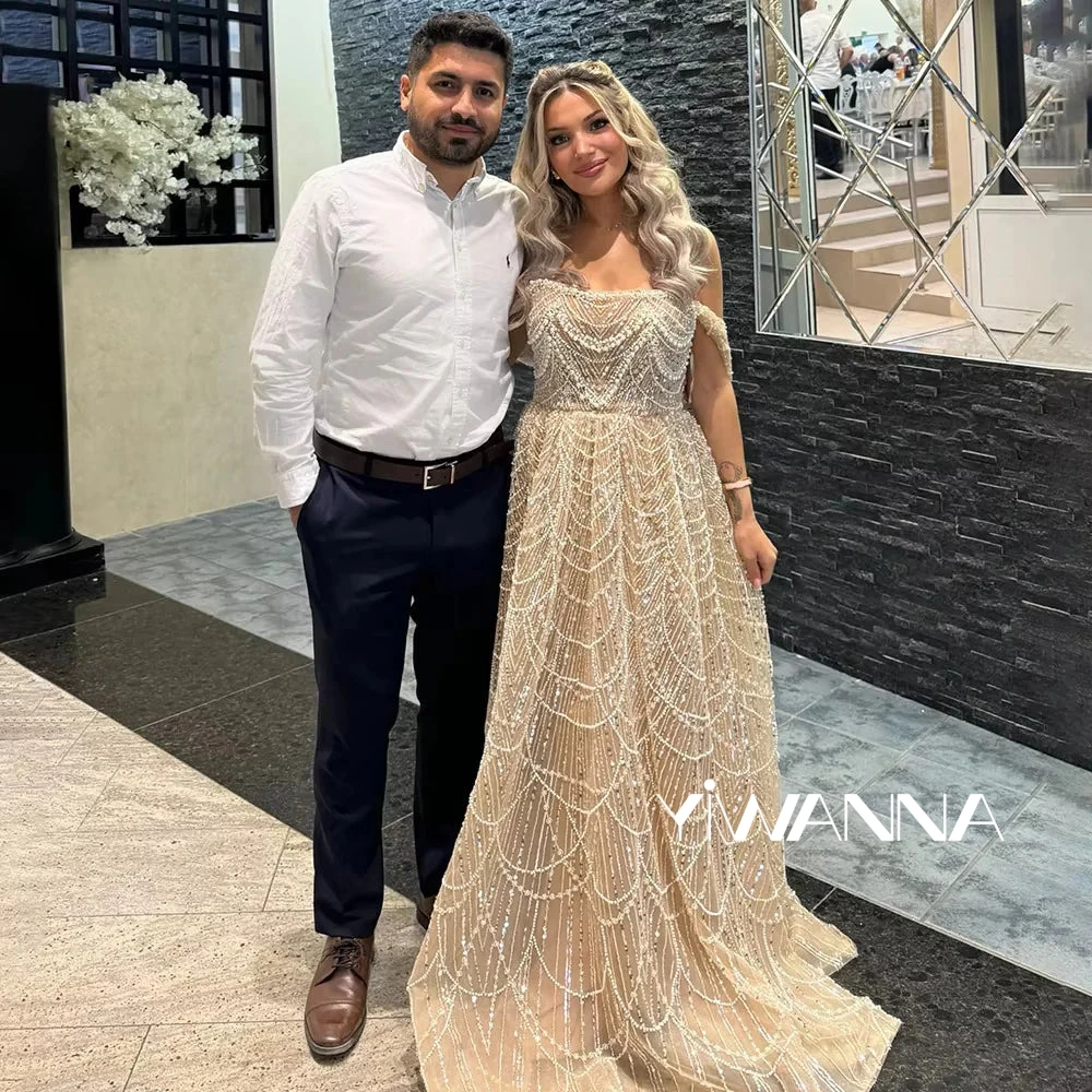 New Luxury A-line Long  Evening Dresses Sequined Pearls Off The Shoulder Prom Gown Wedding Party Gown Customized Robe De Mariée