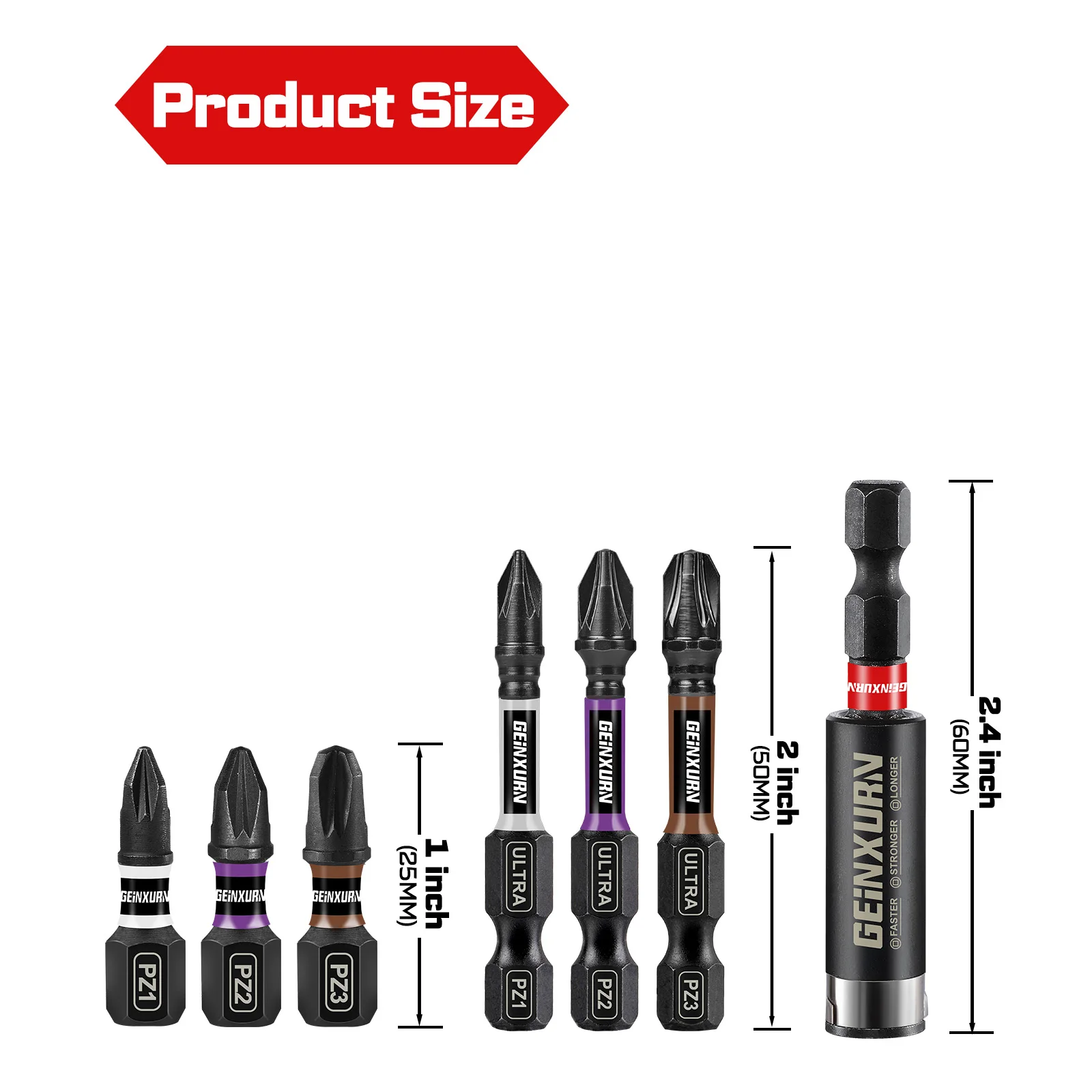 Geinxurn 27-teiliges Impact Pozidriv-Schraubendreher-Bit-Set, magnetisches S2-Stahl-Bit-Set und Schlagbithalter mit farbcodierter Basis