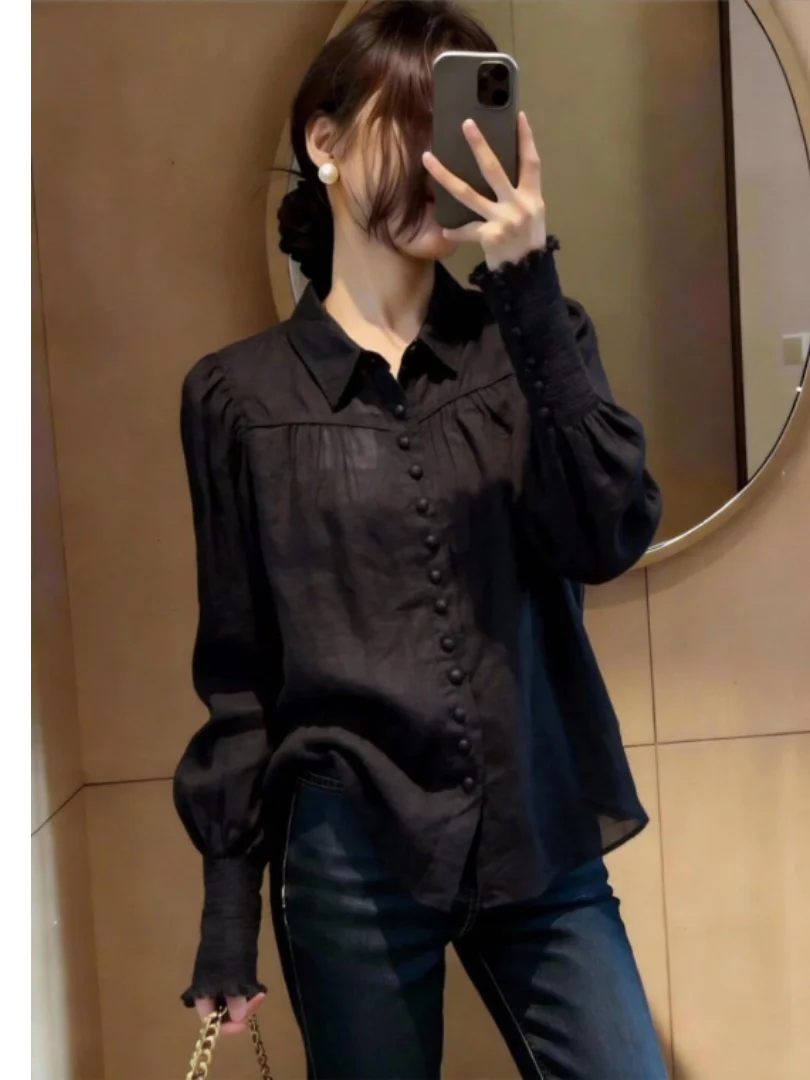 Elegant Black Linen Long Sleeve Shirt Women's Fashion Commute Style Button up Top Spring 2026 Beautiful Clothing