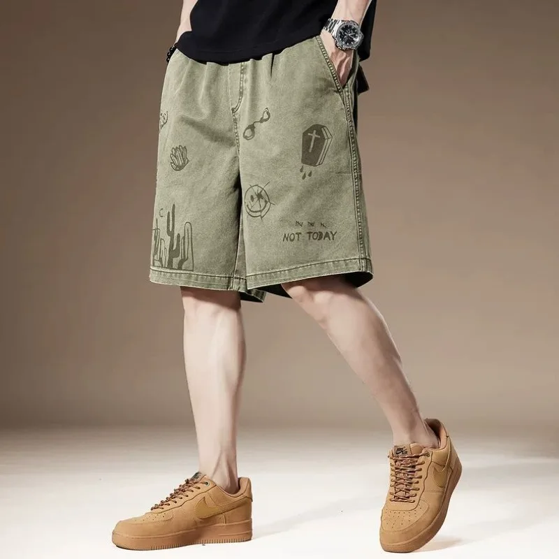 Mens Elastic Waist Cartoon Print Loose Fit Casual Denim Shorts