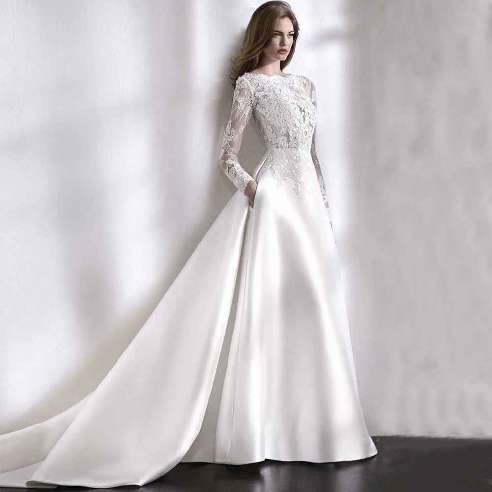 

Elegant Wedding Dress Bride Tulle with Applique A-Line Floor Length Satin with Pocket Sweep Train Customized Church Gowns Robe