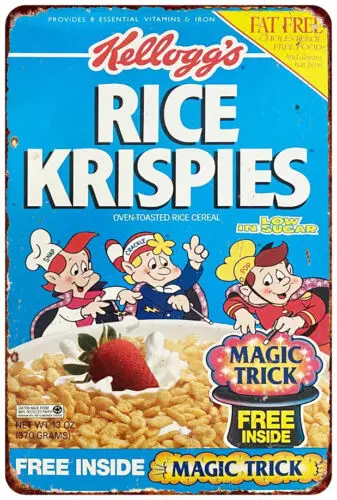 Caja de cereales de arroz Krispies de 1990s, señal de metal de reproducción de aspecto Vintage