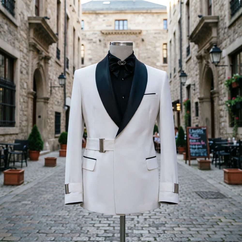 

Свадебный смокинг с минималистичным воротником-шалькой, костюм для жениха с регулируемым поясом, приталенный, формальный свадебный наряд для мужчин с брюками, 2 предмета