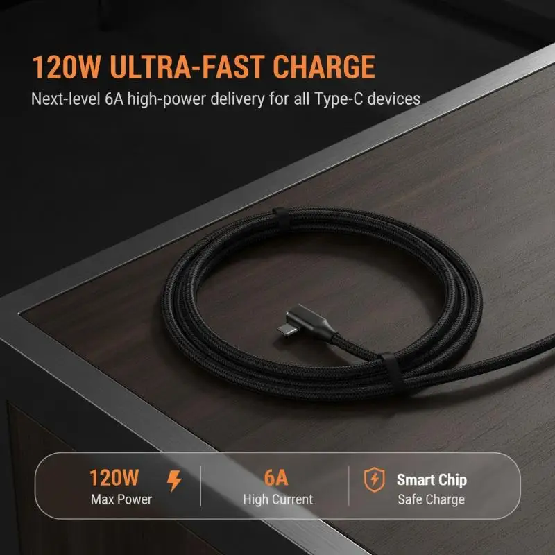120W Super Fast Charging Elbow Type C Cable 90 Degree Tangle-Free Nylon Braided Cord for Car Travel Home Office