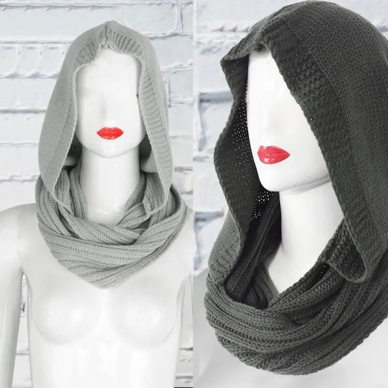 

L5YA Fashion Womens Soft Knitted for Infinity Loop Hood Scarf Wrap Cold Weather Windproof Warm Earflap Hat Skull