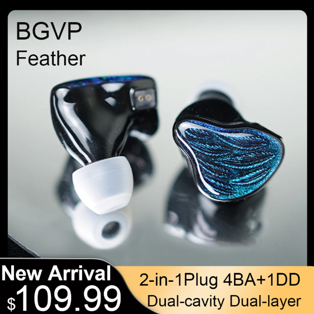 BGVP Feather 4BA+1DD Armature Hybrid Driver HiFi Earphone IEMs 10mm Dual-chamber Dynamic Coil Earphone 2-in -1 Plug 3.5+4.4mm