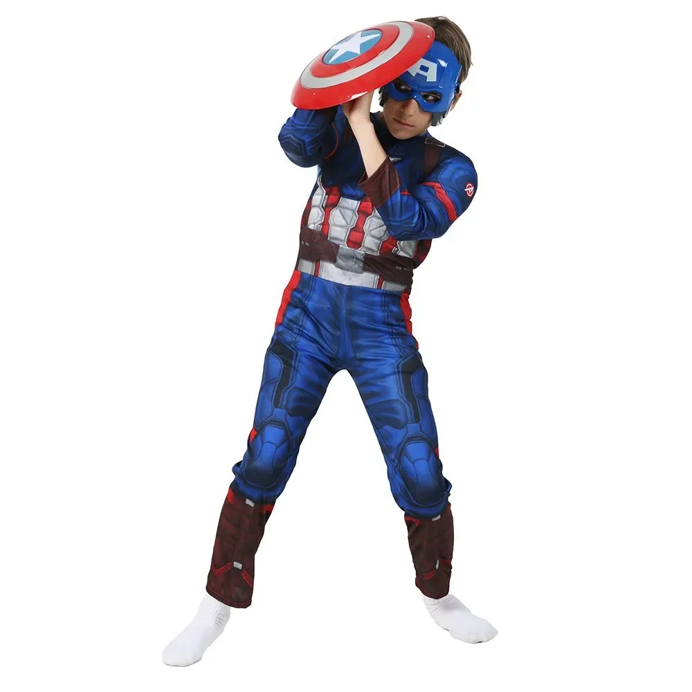 Superhero Captain America Muscle Costume Captain America Muscle Cosplay Jumpsuit Shield Christmas Carnival Party Costume for Kid