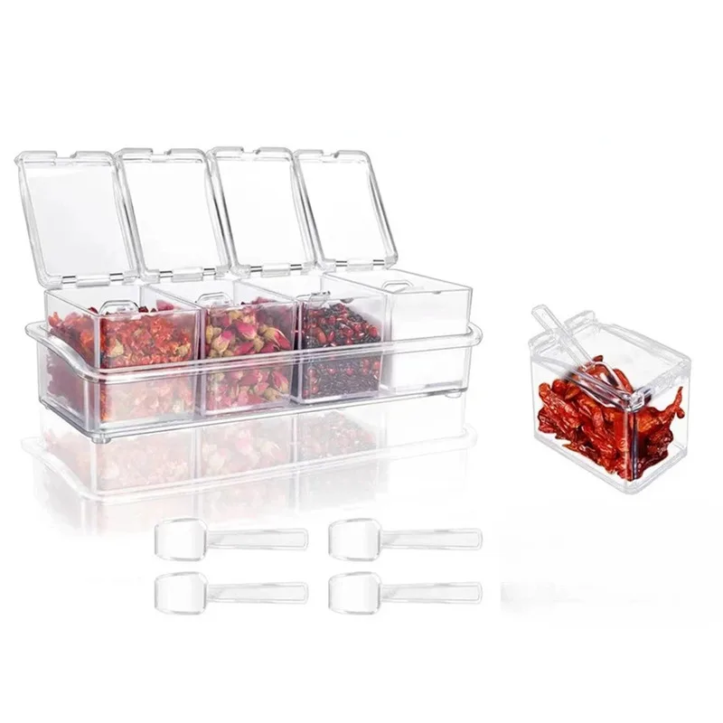 4Pcs Clear Acrylic Seasoning Box Kitchen Storage Container Condiment Jars With Lid And Spoon Set