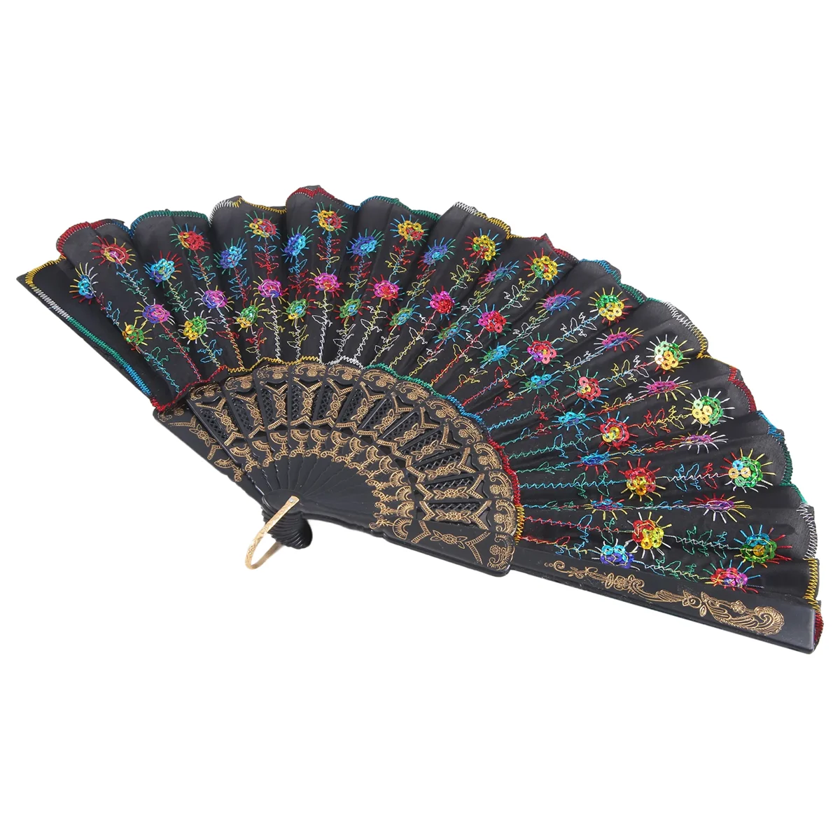 SODIAL(R) Colored Embroidered Flower Pattern Black Cloth Folding Hand Fan for Woman