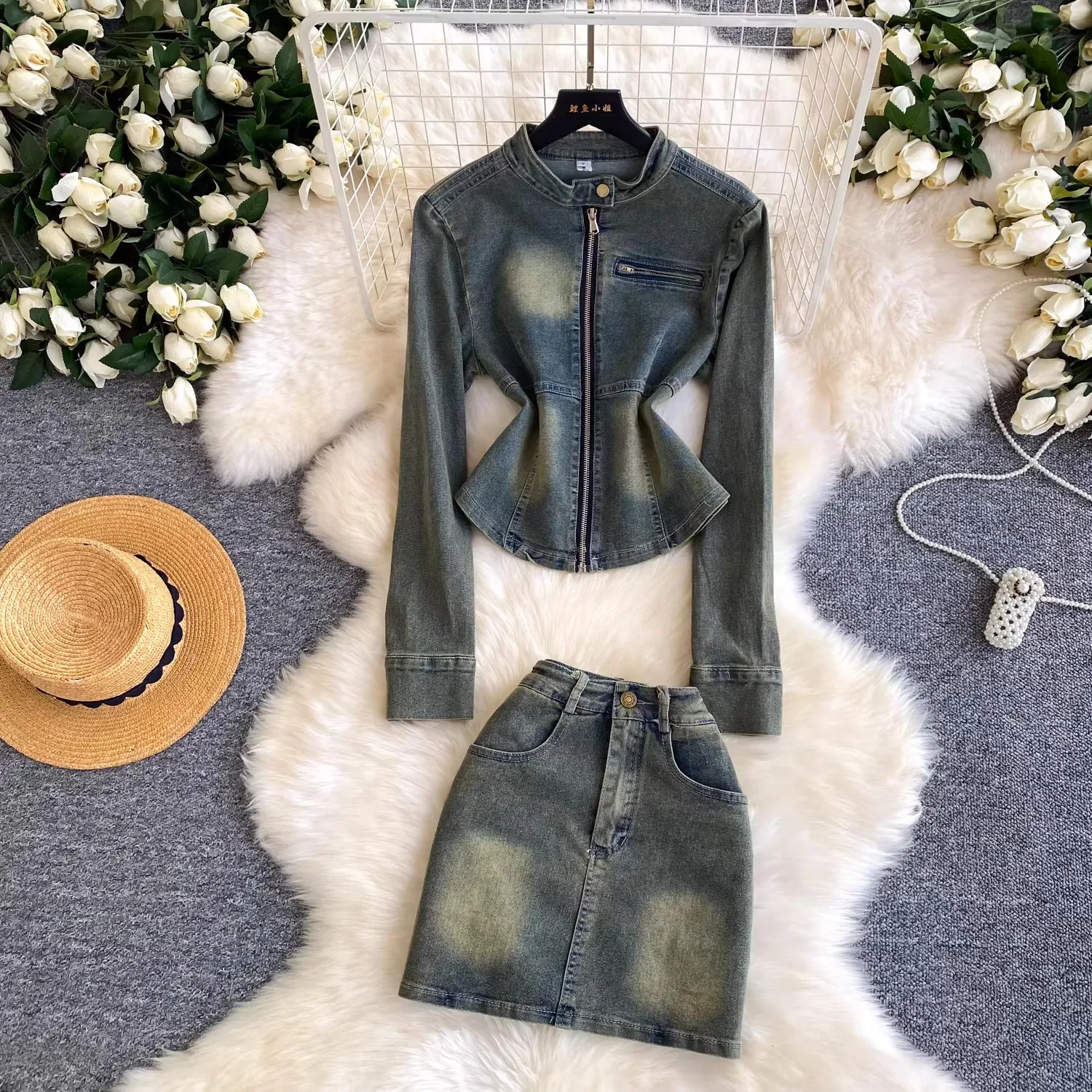 

Women's Slim Fit Zipper Denim Jacket And High-Waisted Mini Skirt Set Sexy Bodysuit Two-Piece Jean Coat Outfit for Girls