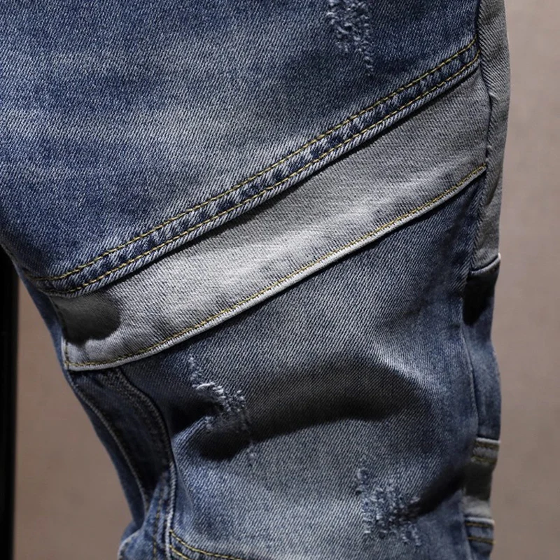 Jeans Pria Fashion Desainer Jalanan Jeans Robek Sambungan Slim Fit Biru Dicuci Retro Celana Denim Antik Hip Hop Pria Hombre