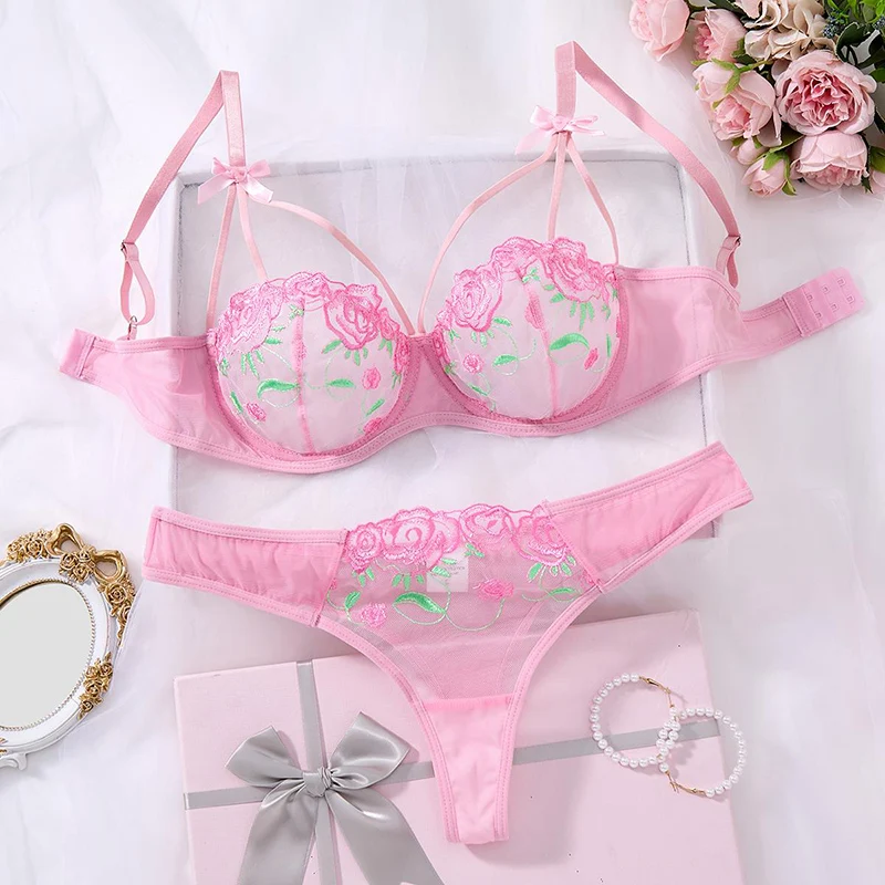

Sexy Female Lingerie Pink Rose Embroidery Underwear Set See Through Lingerie Bow Mesh Underwear Intimate Beautiful Bralette Set