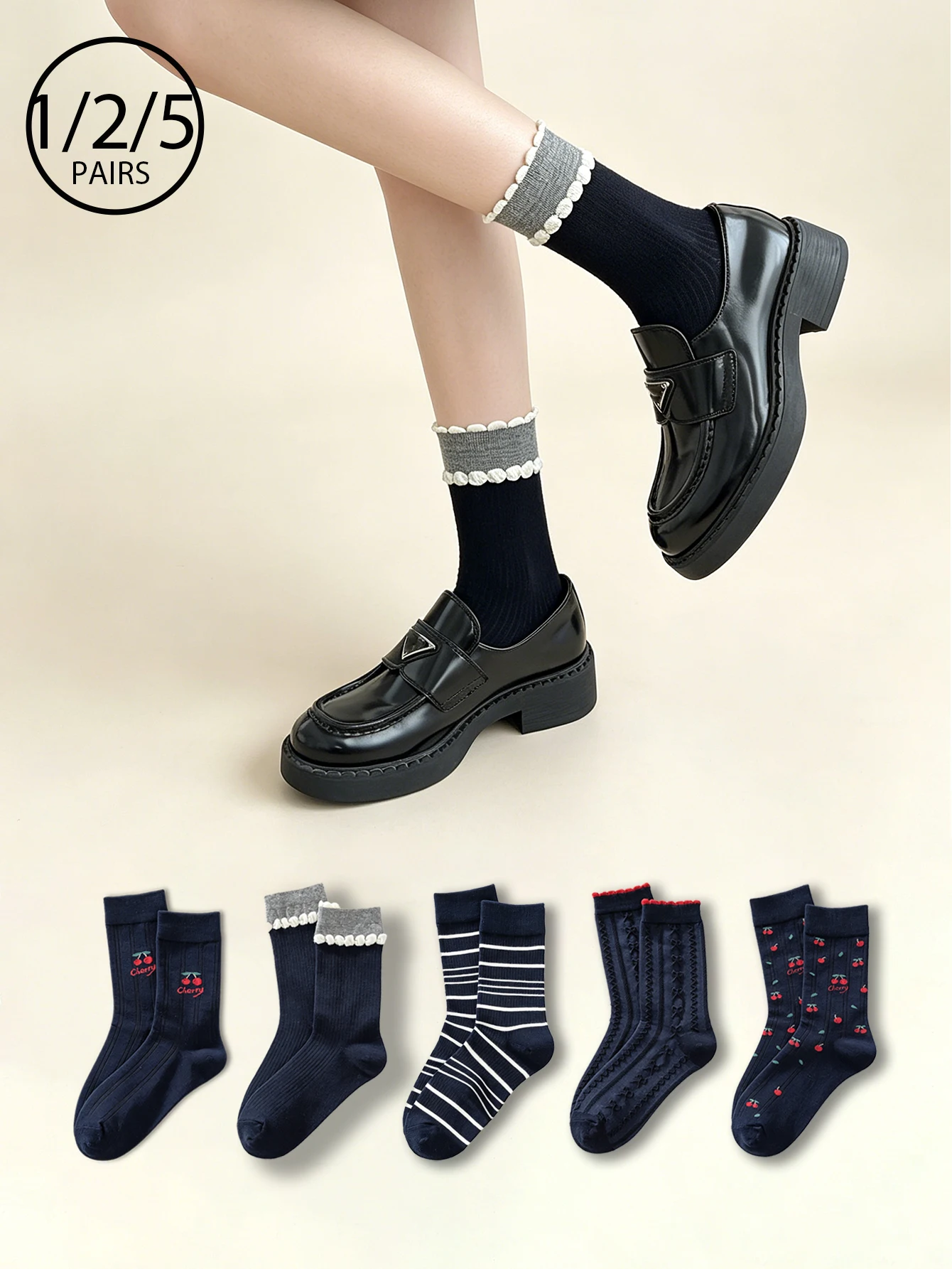 5 Pairs of Women's College-Style Black Mid-Calf Socks, Featuring Cherry Jacquard Stripes, Bubble Cuffs, Cable Knit, and Bowknot Color-Blocking Design, Suitable for Everyday Wear in Spring, Autumn, and Winter