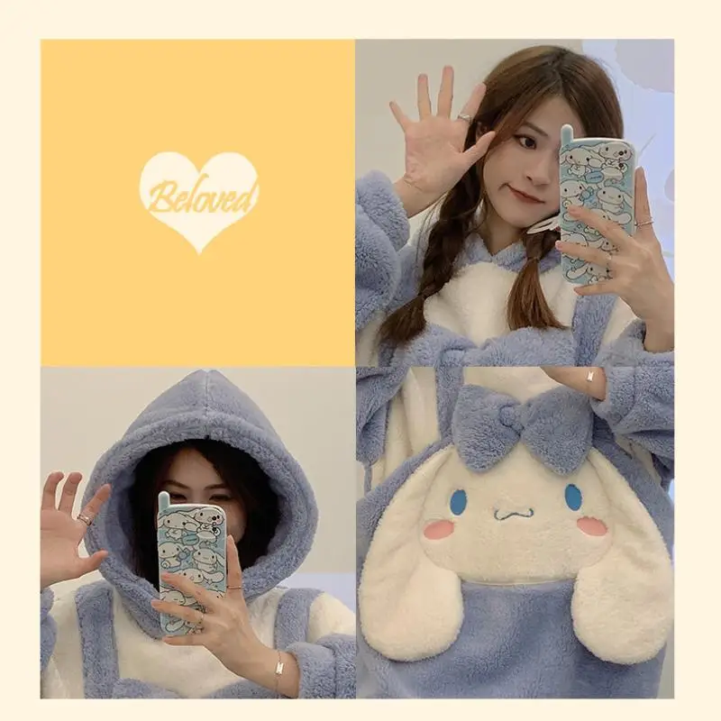 Caliente Sanrio chica engrosamiento invierno con capucha prenda de una pieza Kawaii Cinnamoroll Comic Go Out mantener caliente bata Albornoz ropa de ocio