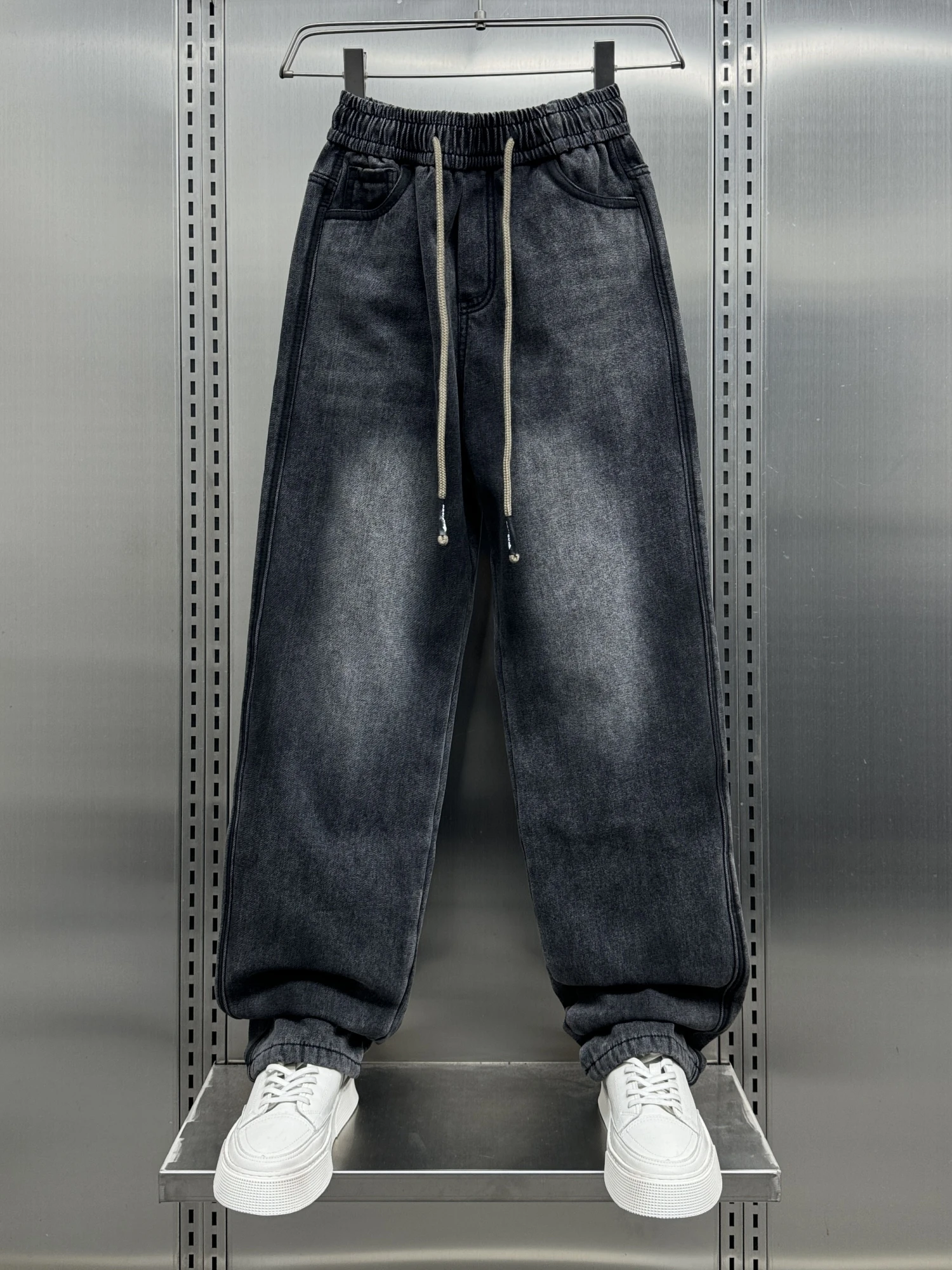 

Men's Fce Lined Wide Leg Jeans Dstring Casual Autumn Winter Patchwork Straight Leg High Street Loose Fit Long Trousers