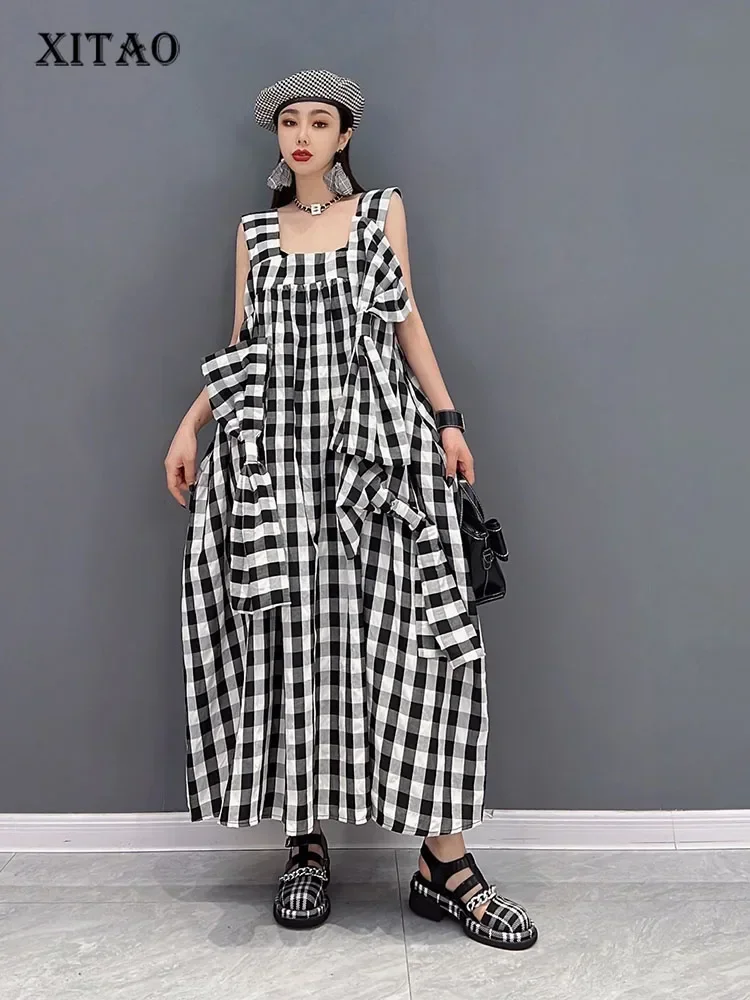 

XITAO Plaid Dress Backless Sleeveless Patchwork Bow Small Fresh Casual Style 2025 Summer Minority Elegant Loose Dress WLD7014