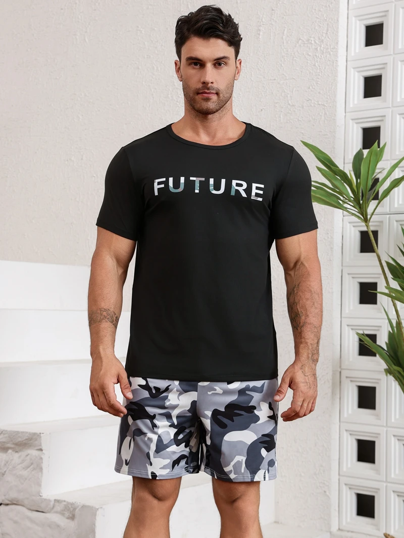 

Casual Camo Letters Print Pajama Set Plus Size Satin Short-Sleeve Top And Elastic Shorts Comfortable Men's Sleepwear Sports Wear