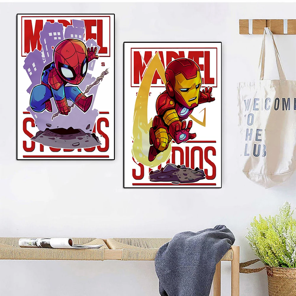 MINISO Cartoon Marvel Superhero Poster SpiderMan Iron Man The Avengers Wall Art Poster HD Canvas Printing kids Room Home Decor