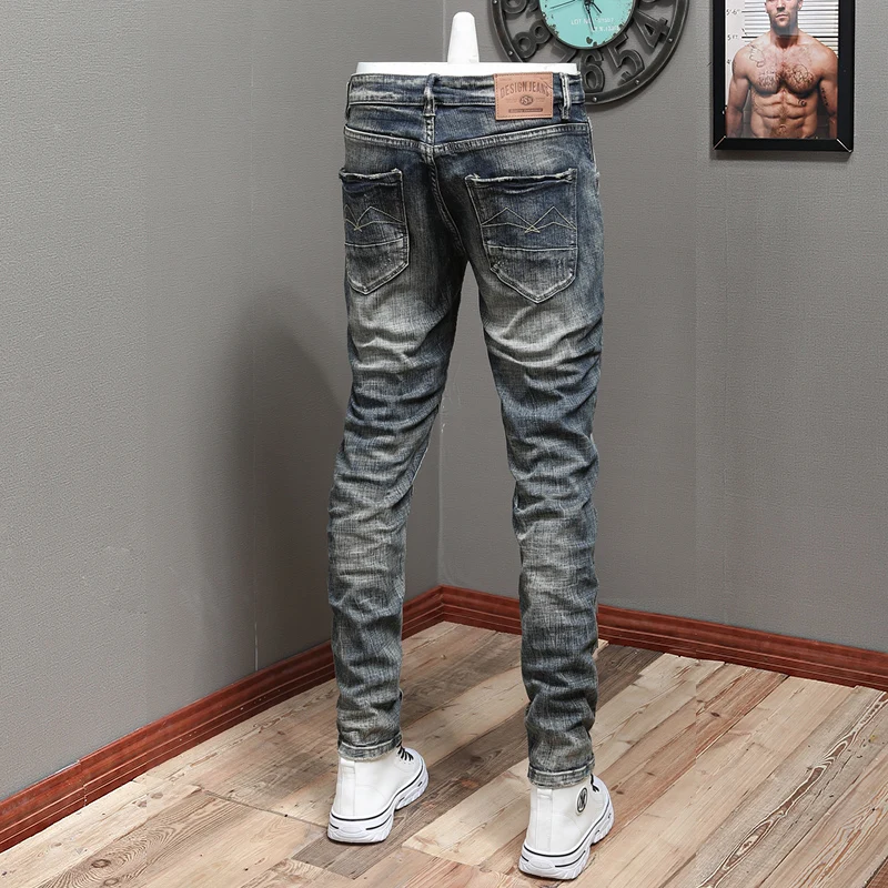Fashion Designer Men Jeans Retro Gray Blue Elastic Stretch Slim Fit Ripped Jeans Men Vintage Trousers Casual Denim Pants Hombre