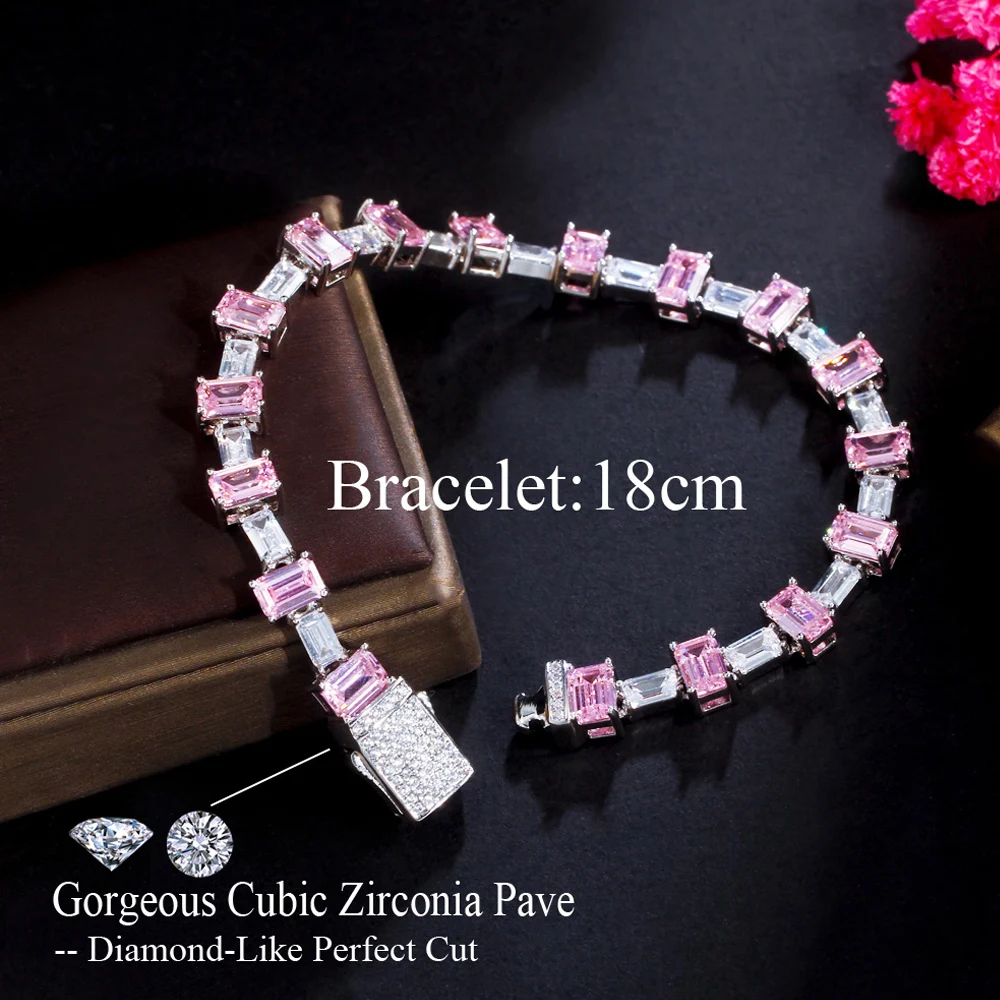 ThreeGraces Elegant Pink Cubic Zirconia Geometric Rectangle CZ Link Chain Bracelet for Women Brazilia Trend Party Jewelry BR208