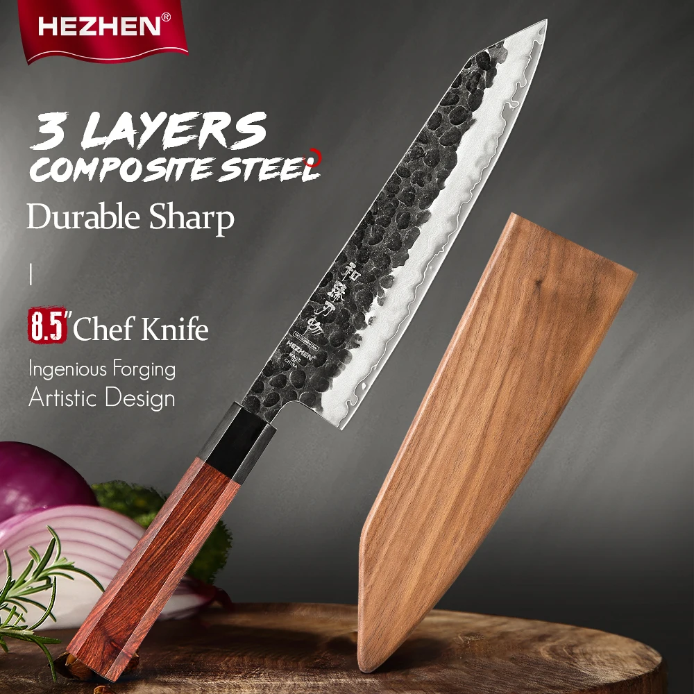 

HEZHEN 8.3 Inches Chef Knife Three-layer Composite Steel Stainless Steel High Quality Cook Knife Kitchen Knives Razor Sharp