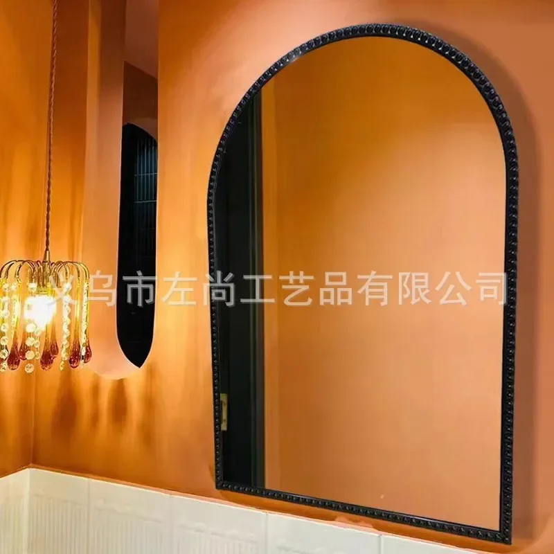 French American Vintage Arch Bathroom Mirror with LED Smart Back Light Hanging Wall Mounted Makeup Mirror for Home Decor