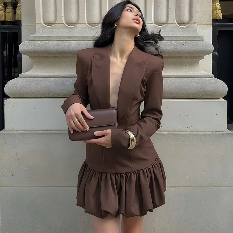 

Tuularose Fashion Deep V Mini Dress Women Vintage Brown Lapel Long Sleeve Ruffle Dress Sexy High Street Party Looks New Dresses
