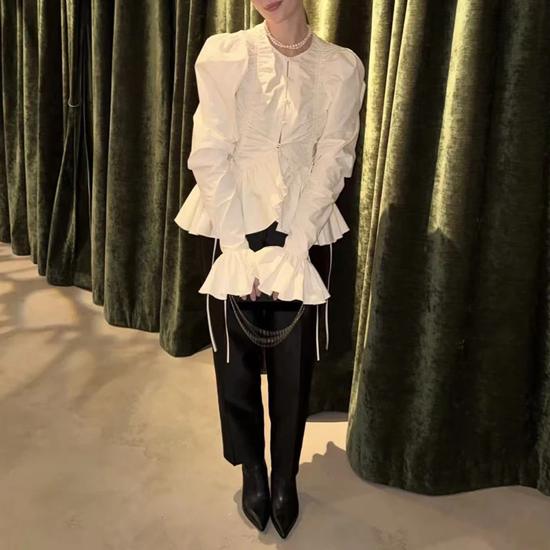 

Flare Sleeve Blouses Ladies O-neck Single Breasted Lace Embroidered T-shirt Spring New Sexy Perspective Party Top