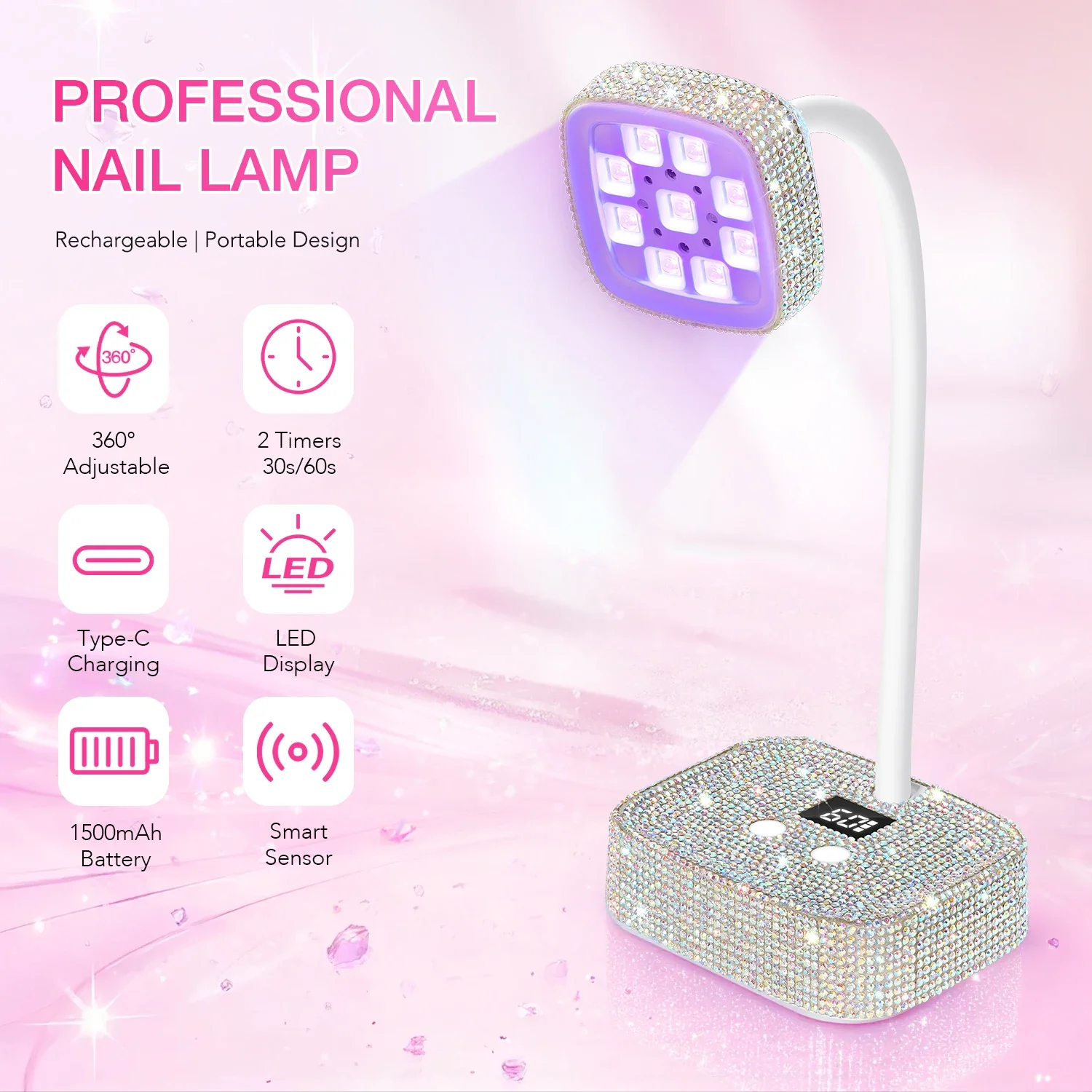 DianaBeauty Rechargeable Nail Lamp LED UV Nail Dryer with Silver Rhinestone and Auto Sensor Portable Manicure Lamp Nail Tools