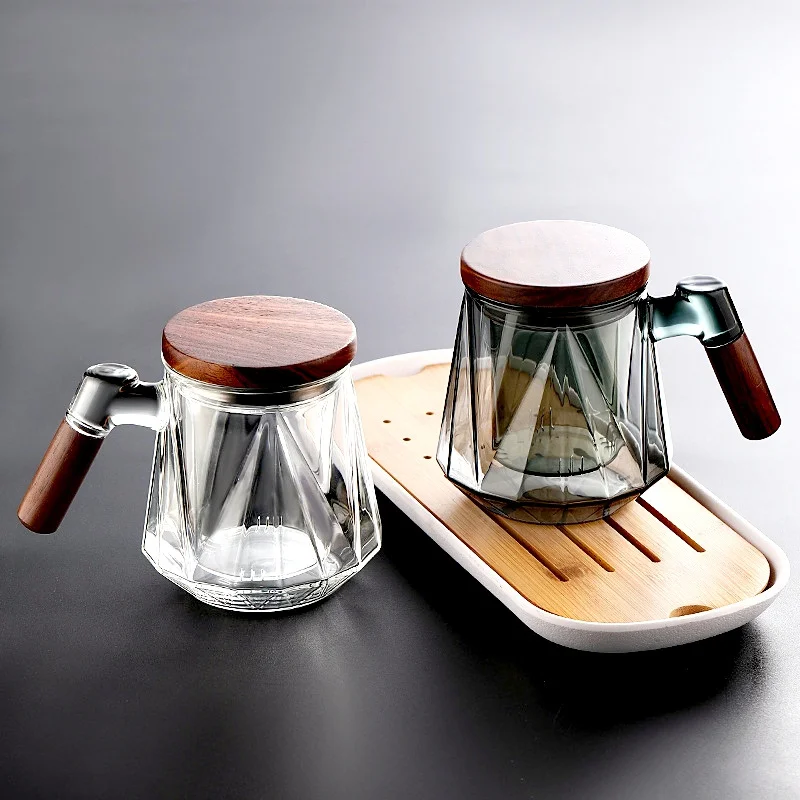 450ml Diamond Shape Heat-Resistant Glass Tea Cup With Walnut Wooden Handle Lid Inner Filter Flower Tea Water Separation Tea Mug