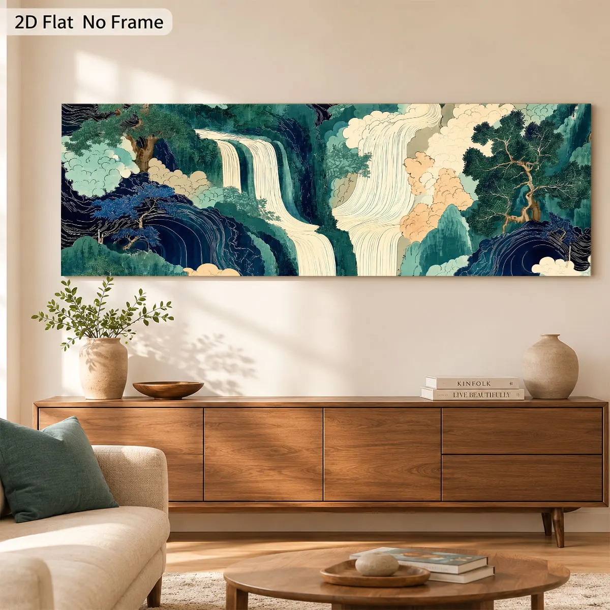 Horizontal Japanese Ukiyo-e Waterfall Wall Art, Wide Panoramic Pine Tree Landscape Print, Asian Living Room Sofa Decor Poster