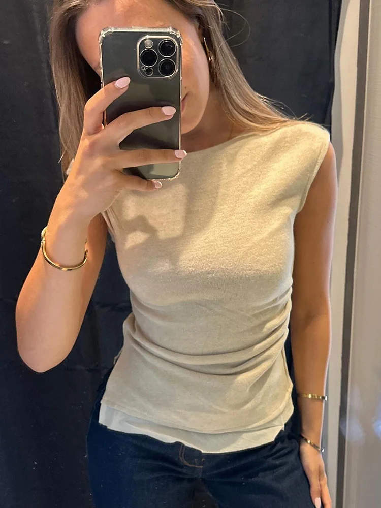 

HH женская однотонная мягкая юбка-миди комплект на молнии с круглым вырезом плиссированное украшение топ без рукавов + высокая талия сращивание повседневная длинная юбка трапециевидной формы