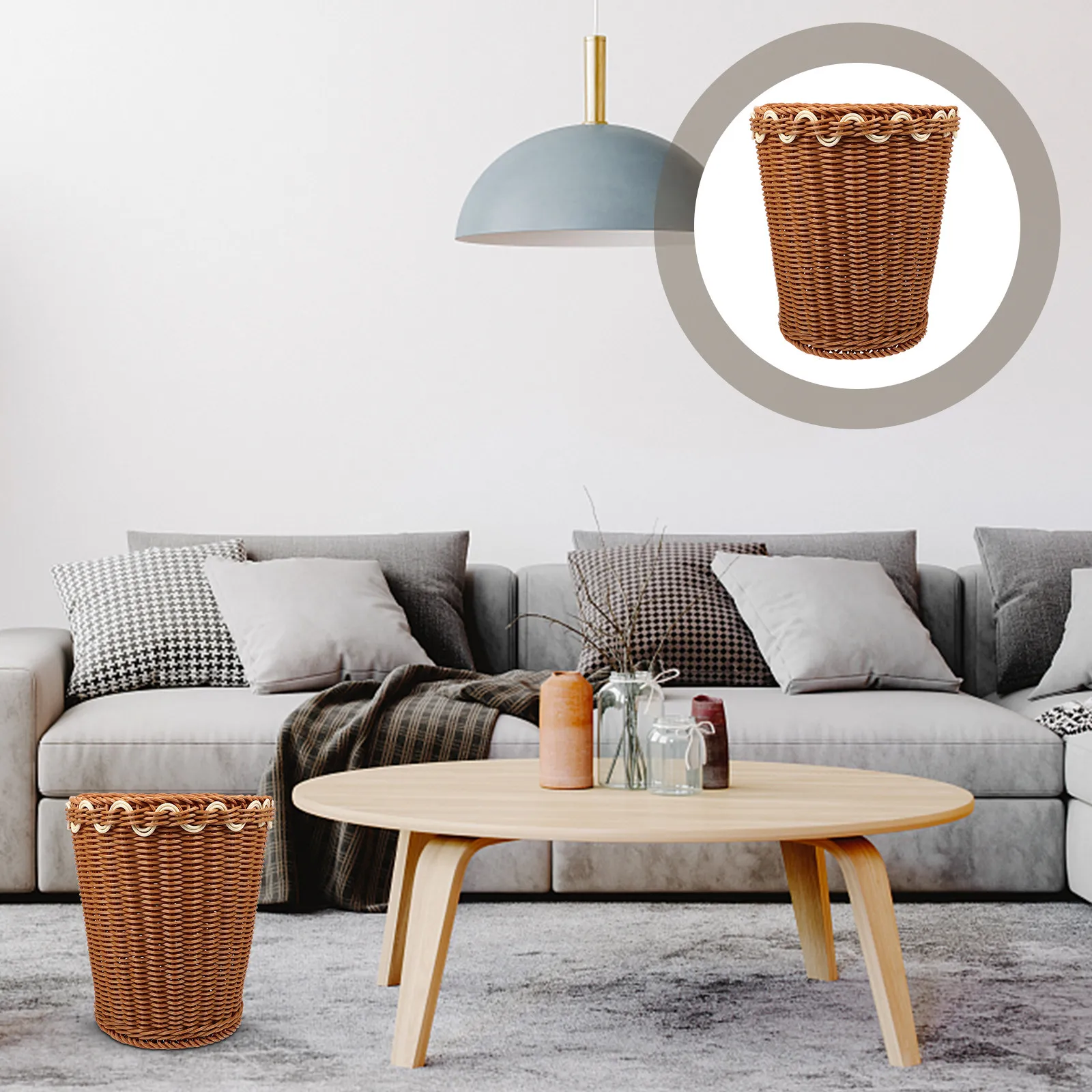 

Rattan Woven Basket Imitation Rattan Trash Can Multipurpose Household Storage Container for Living Room Bedroom Office Sundries
