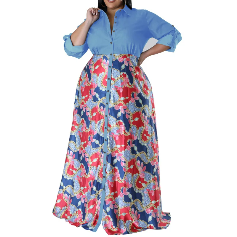 Plus size Autumn Women  Dress Wholesale Buttons Turn Down Collared Long-sleeved Printing Denim Casual Shirt Dresses