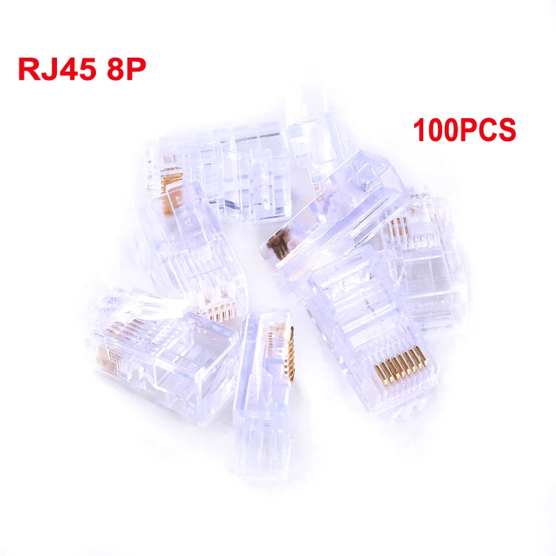 100pcs 8P8C RJ45 Crystal Head 8Pin Modular Plug Rj45 Network Cable Connector Adapter for Cat5 Cat5e Cat6  Ethernet Cable Plugs