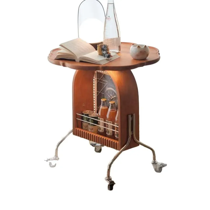 Solid wood round table living room coffee table mobile trolley bedroom bedside table