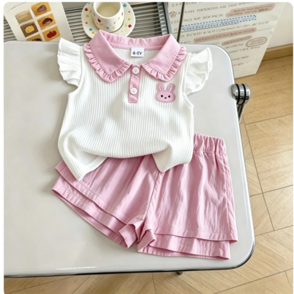 Toddler Baby Girls 2Pcs Summer Outfit Cartoon Bunny Embroidery Ruffle Sleeveless Polo Top Elastic Waist Layered Pink Shorts Set