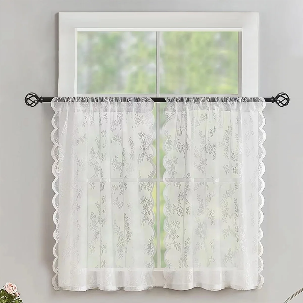 2pcs Floral Lace Cafe Curtains, Sheer Rod Pocket Kitchen Window Curtains with Scalloped Edges, Vintage Farmhouse Decor