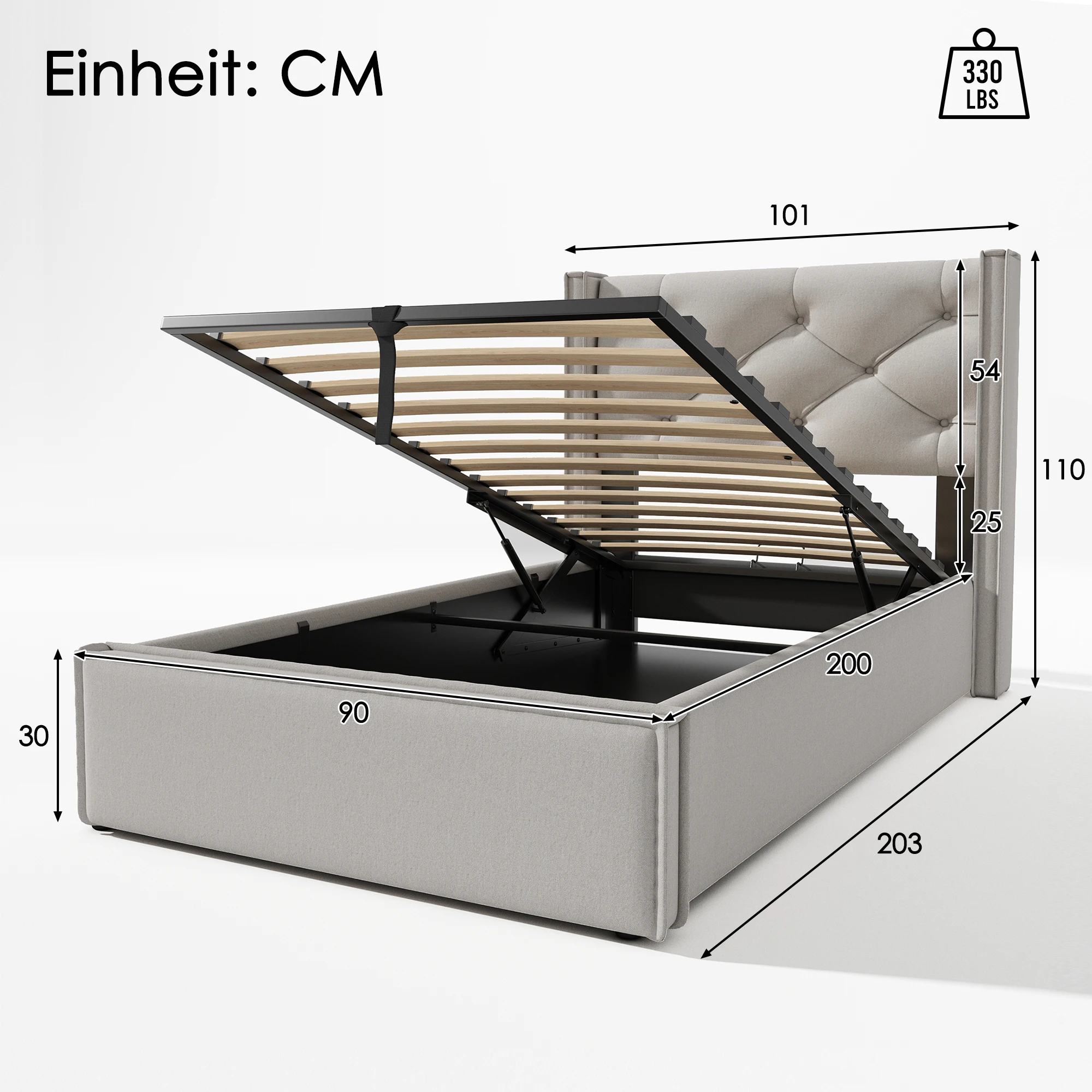 Hydraulisches Polsterbett 90x200cm mit Metalllattenrost, modernes Bett mit Stauraum, hellgrau. – Detail 2