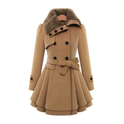 Winter Slim Long Wool Sherpa Coats For Women Streetwear Double Breasted Collar Woolen Collar Lace-Up Pleated Ruffle Jackets