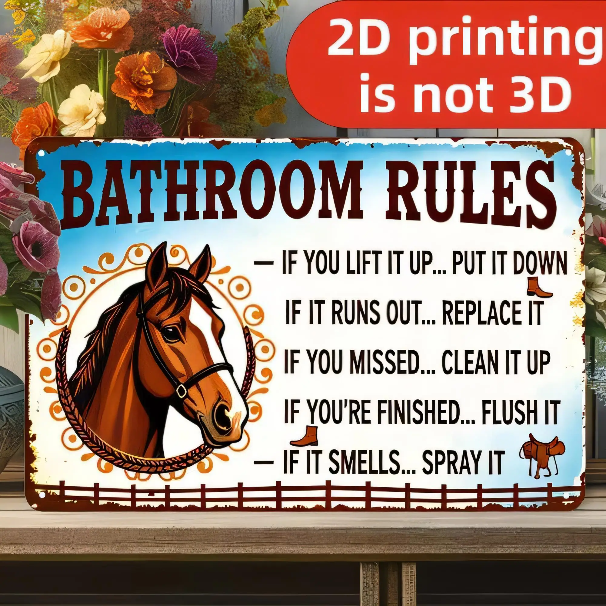 Tin Sign Bathroom Rules Funny Horse Head Retro Metal Wall Art Plaque, 2D Printing Vintage Style Rustic Decor for Restroom Toilet