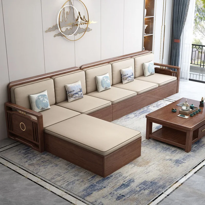 Walnut solid wood sofa combination living room winter and summer dual-purpose small apartment storage sofa