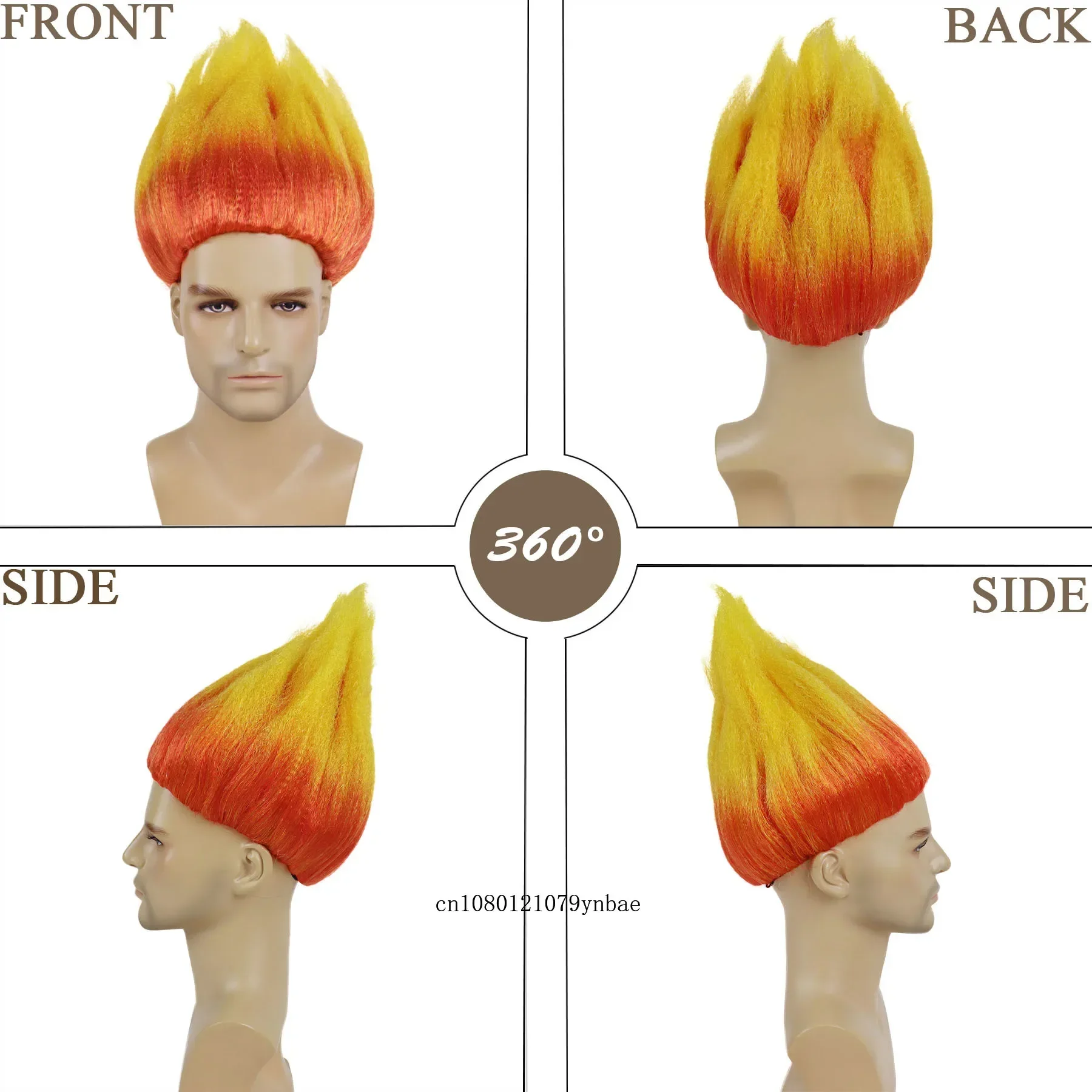 Synthetic Orange and Yellow Fire Wigs with Necktie Set Short Anime Cosplay Wig for Men Halloween Carnival Party Costume Use