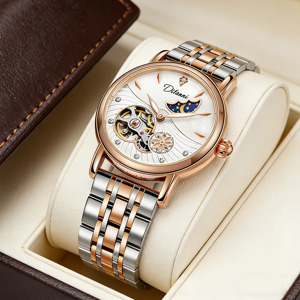 Top Brand Luxury Automatic Mechanical Watch for Women Fashion Design Flower Rotation Stainless Steel Waterproof Moon Phase Watch