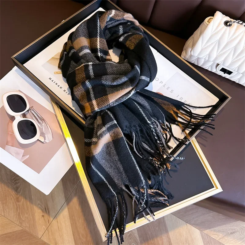 Scarf female winter versatile retro temperament plaid scarf faux cashmere students warm shawl Ladies Thicken Wrap Women Scarves