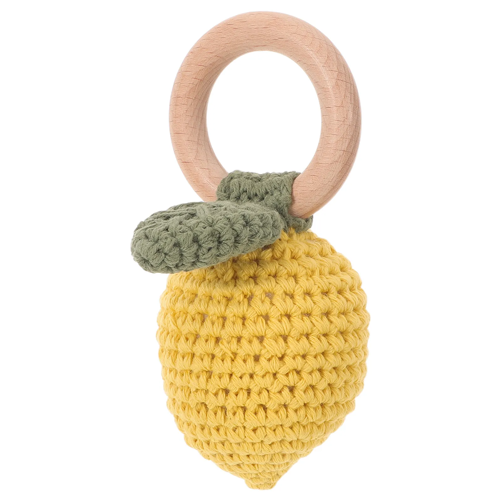 Wooden Newborn Sensory Handmade Crochet Fruit Shaker Montessori Wood Ring Teether Infant Grasping Developmental