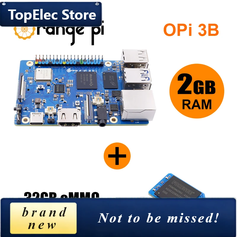 TopElec Orange Pi 3B Single Board Computer 2GB LPDDR4 RAM 32GB EMMC Rockchip RK3566 Quad Core 1.8GHz Wi-Fi 5 BT 5.0 SBC Board