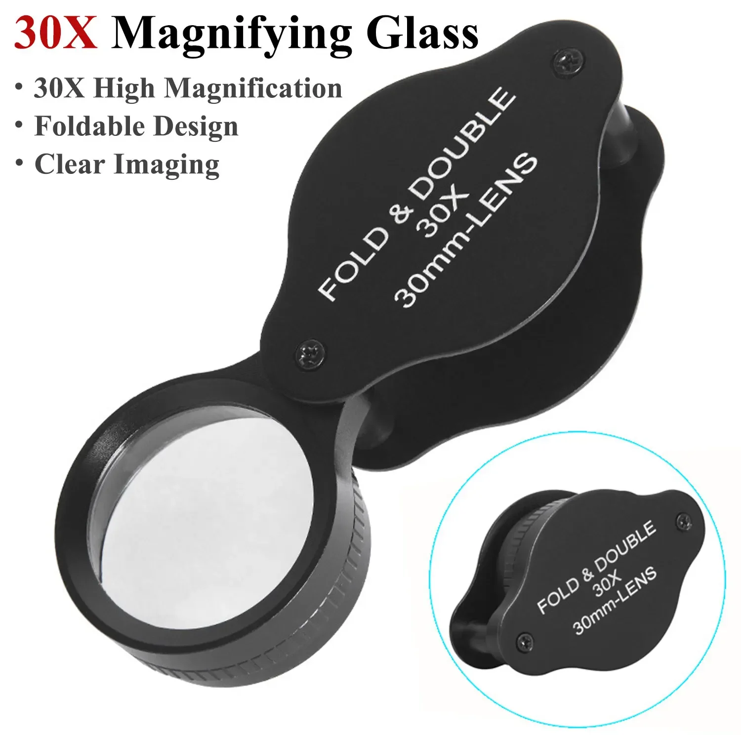 Portable Mini Magnifying Glass 30X Folding Pocket Magnifier with Metal Protective Case Jewelry Loupe for Reading Coins Hobby